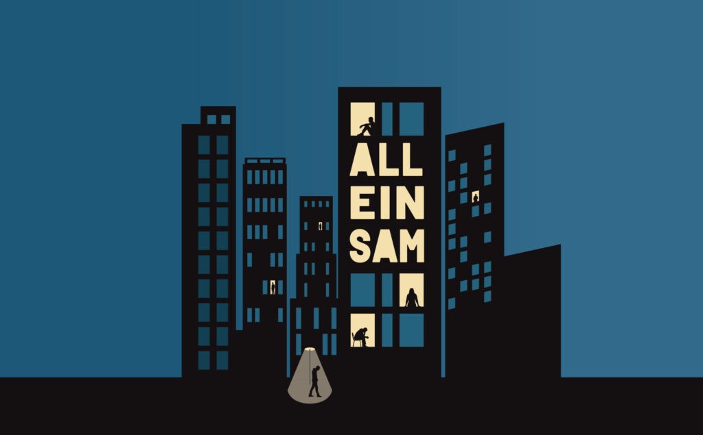 Festivalmotiv ALLEINSAM: dunkle Hochhaus-Silhouetten vor blauem Nachthimmel, in einzelnen erleuchteten Fenstern stehen Menschen